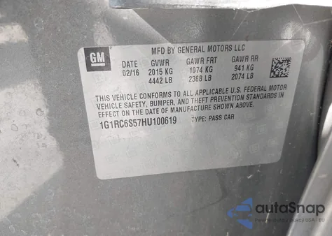 2017 Chevrolet Volt Lt из США, поврежденный, VIN 1G1RC6S57HU100619